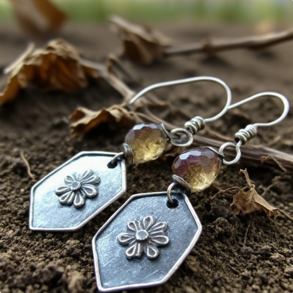 Vintage Daisy Shield Earrings – Hexagon Floral Drops with Faceted Crystal Beads