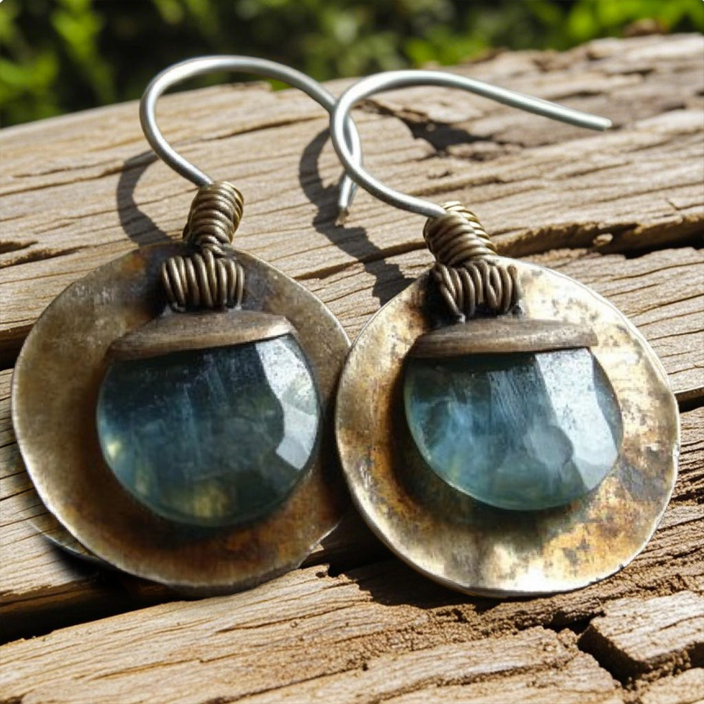 Rustic Boho Circle Earrings – Faceted Blue Gemstone Drops with Aged Brass Discs