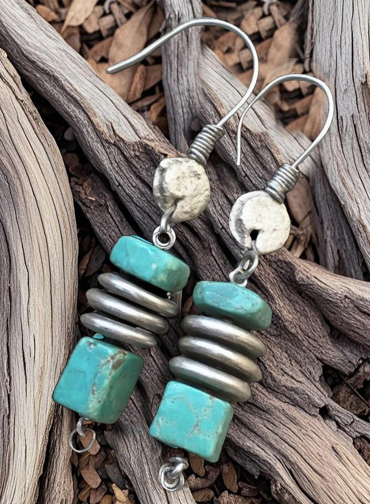Rustic Turquoise & Metal Spacer Earrings – Handmade Boho Tribal Drop Jewelry