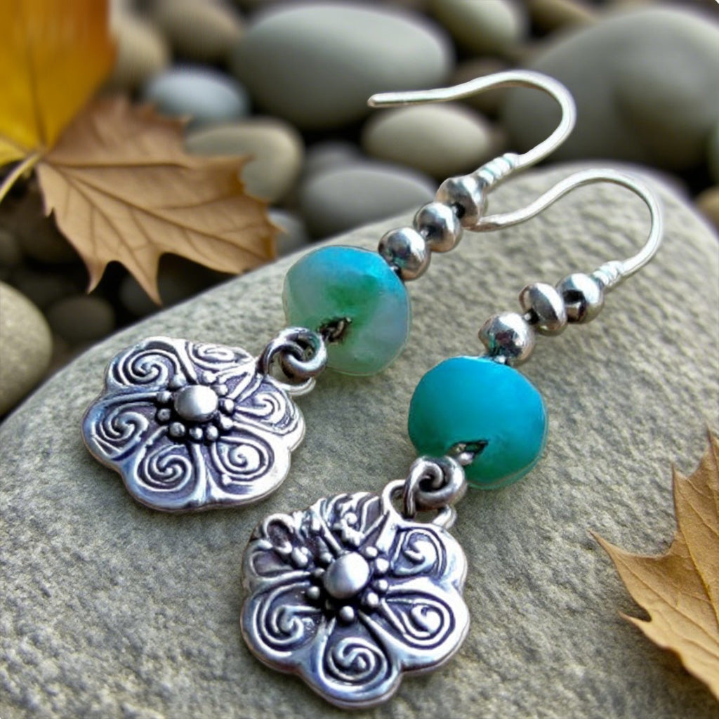 Boho Silver Floral Dangle Earrings with Aqua Beads – Handmade Vintage-Inspired Jewelry