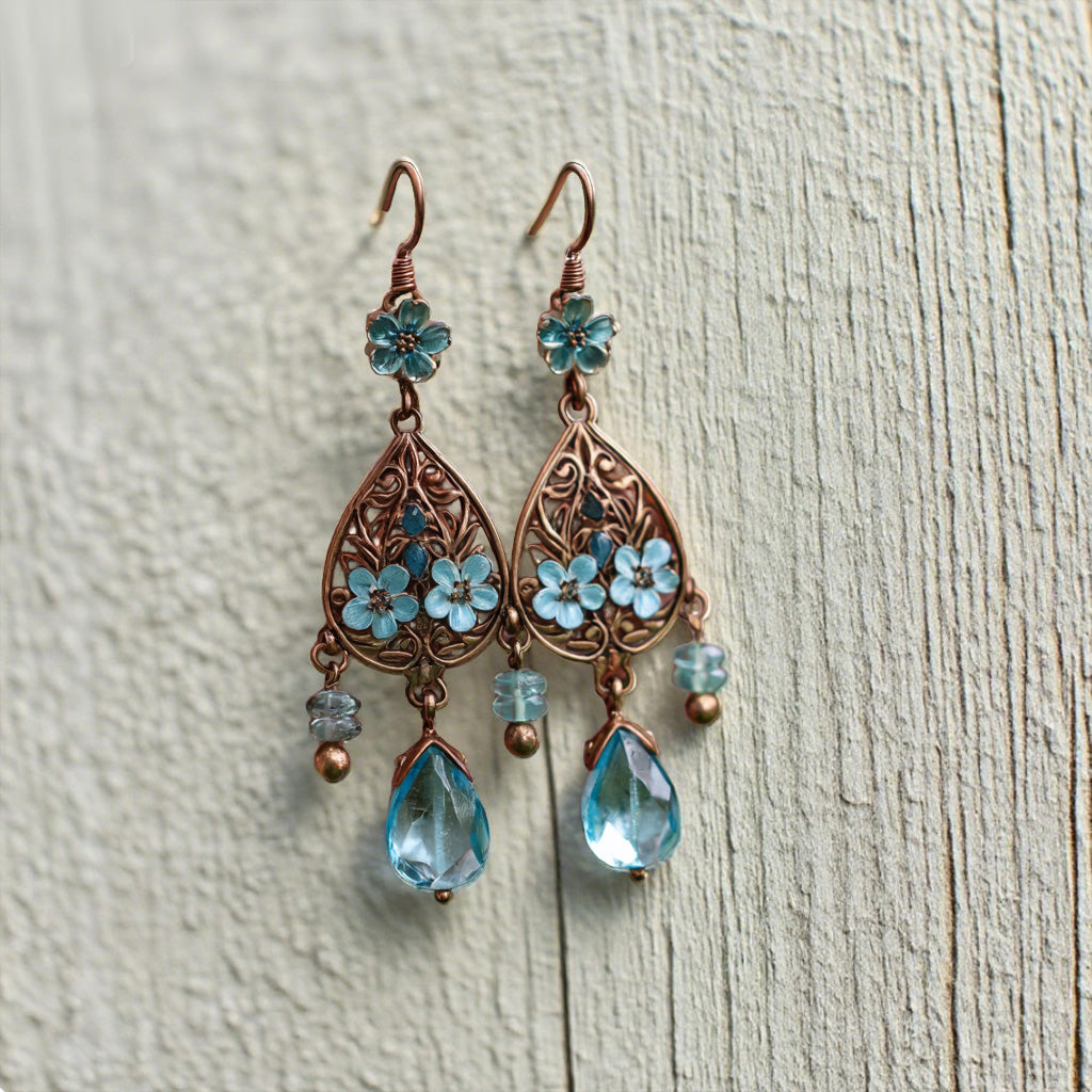 Vintage Floral Chandelier Earrings – Blue Crystal Drop with Bronze Filigree