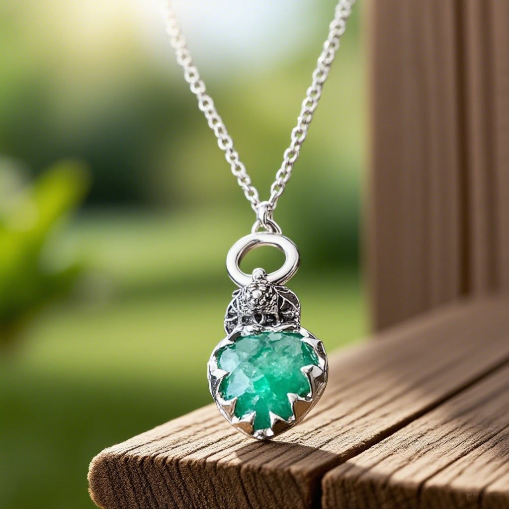 Vintage Green Crystal Heart Pendant Necklace – Boho Handmade Silver-Tone Chain Jewelry for Women