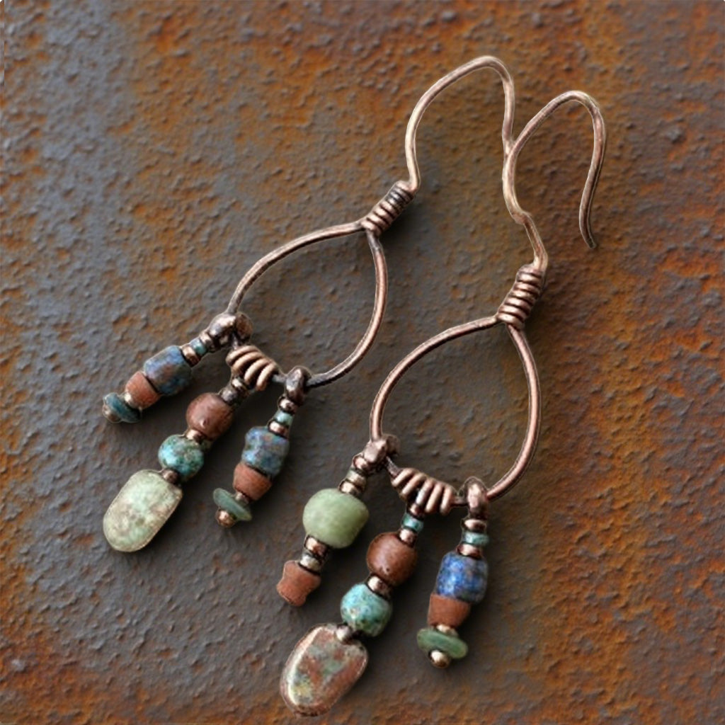 Rustic Copper Teardrop Earrings with Natural Stone Beads
