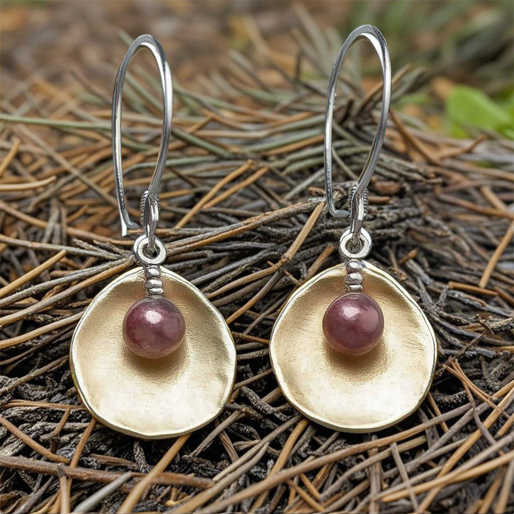 Modern Organic Drop Earrings – Gold Hammered Disc with Plum Bead