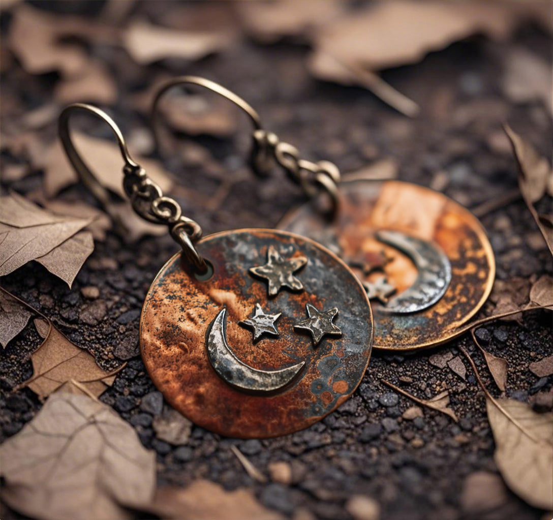 Rustic Copper Moon & Stars Dangle Earrings