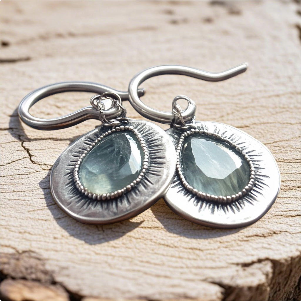 Elegant  Silver Teardrop Earrings – Faceted Gemstone Drops with Sunburst Detailing