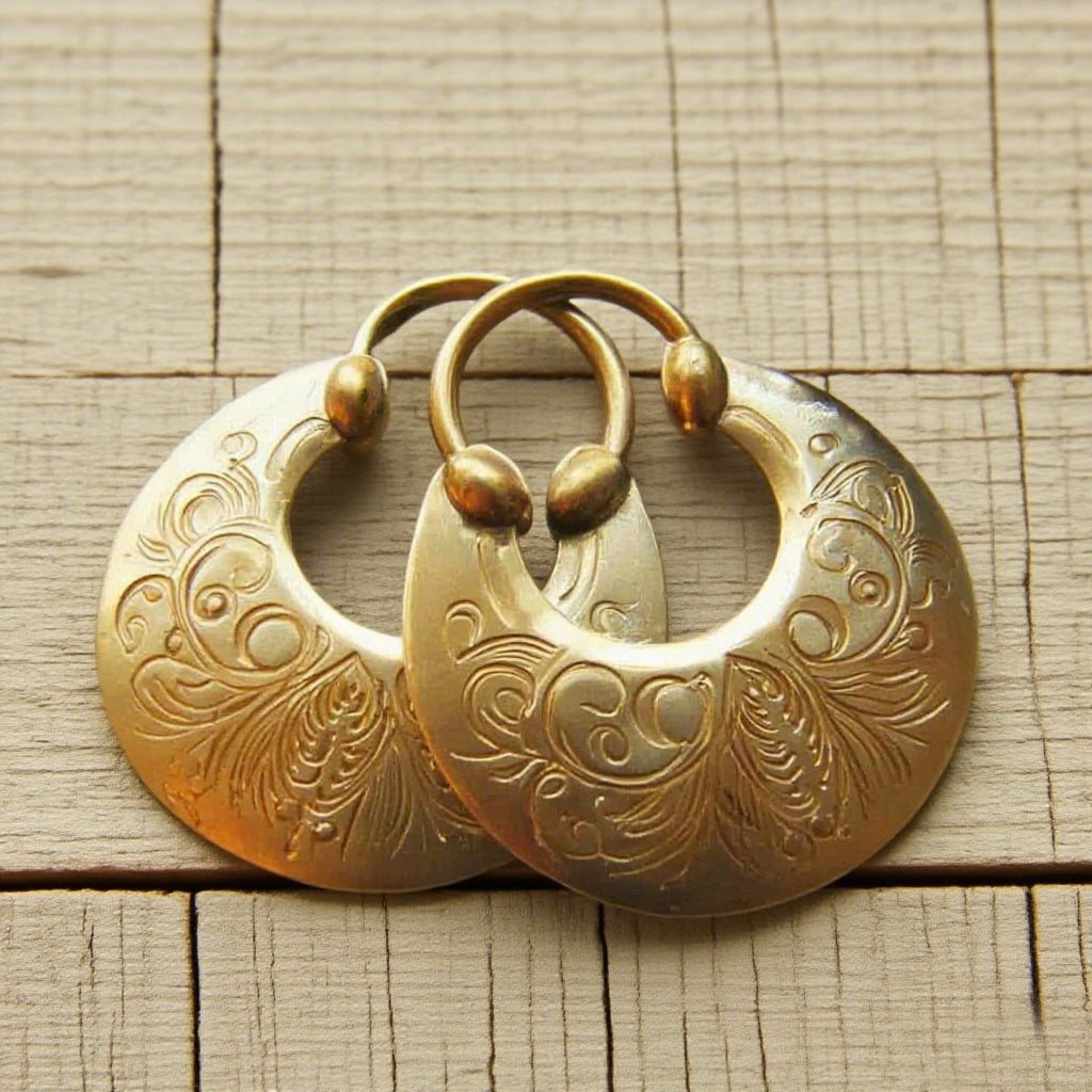 Boho Vintage Gold Engraved Hoop Earrings – Ethnic Statement Jewelry for Women