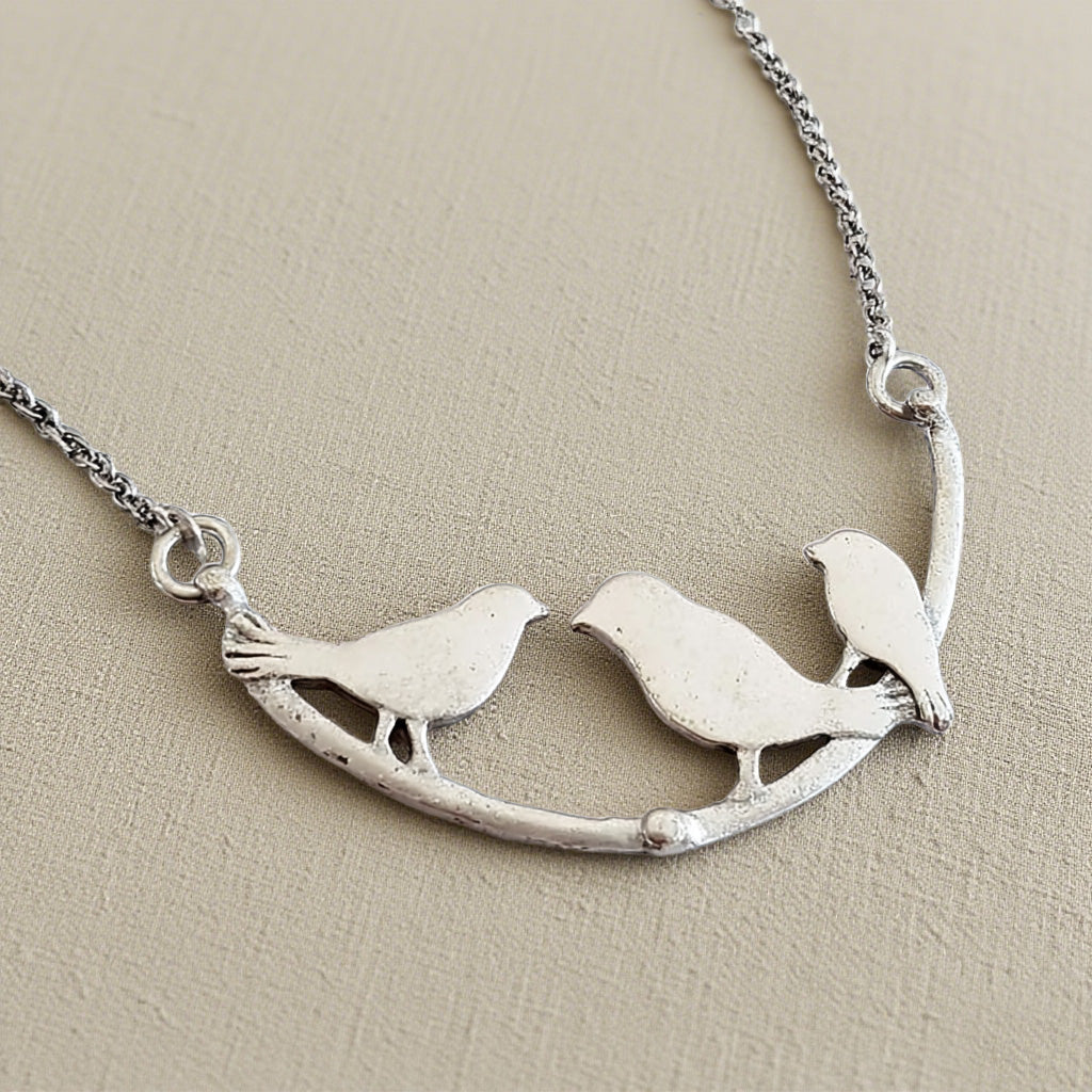 Sterling Silver Birds on Branch Necklace – Family-Inspired Nature Pendant Jewelry for Women & Girls