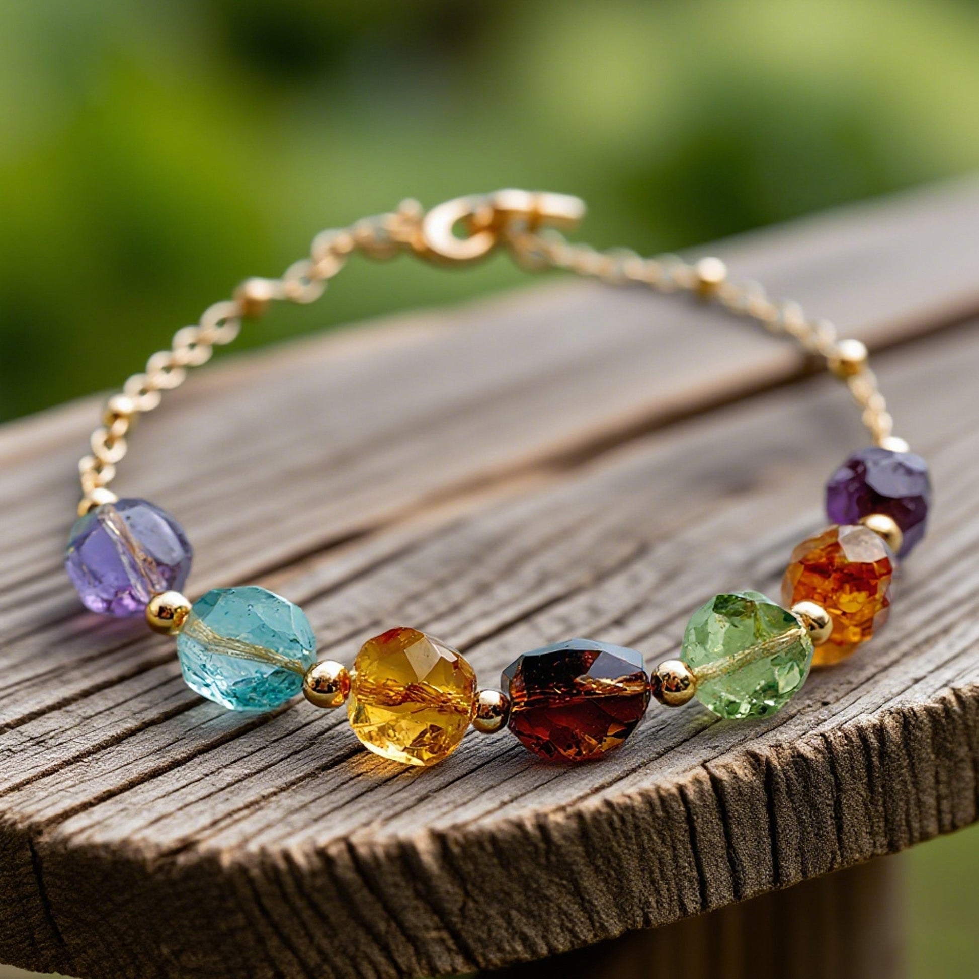 Multicolor Natural Gemstone Bracelet – Handmade Crystal Bead Chain with Gold Plated Clasp