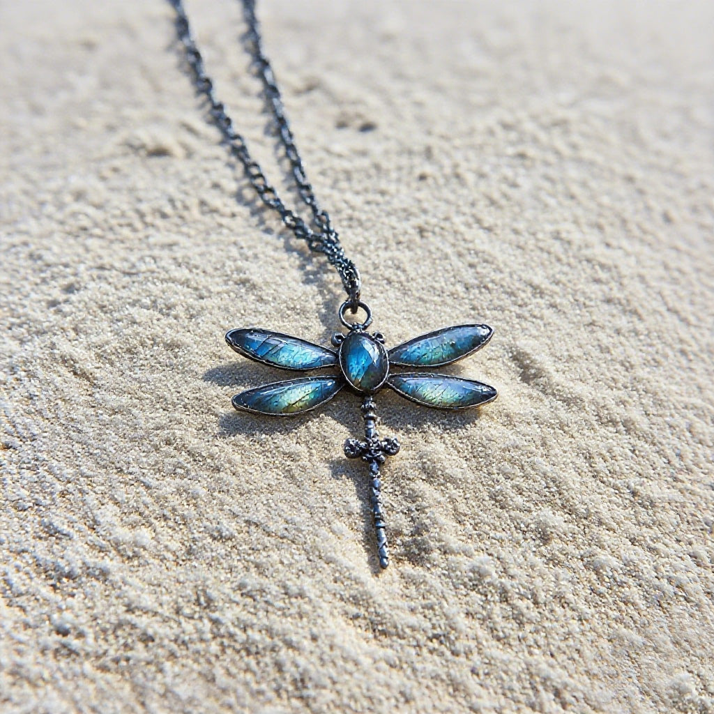 Luminous Dragonfly Pendant Necklace – Handmade Blue Iridescent Wings with Sword Detail, Gothic Nature-Inspired Jewelry