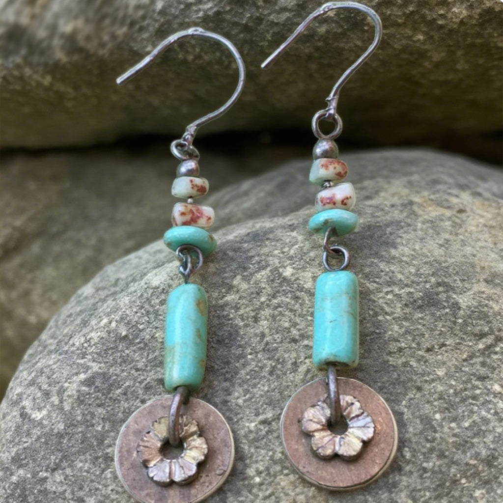 Earrings With Turquoise Beads And Rustic Floral Disc