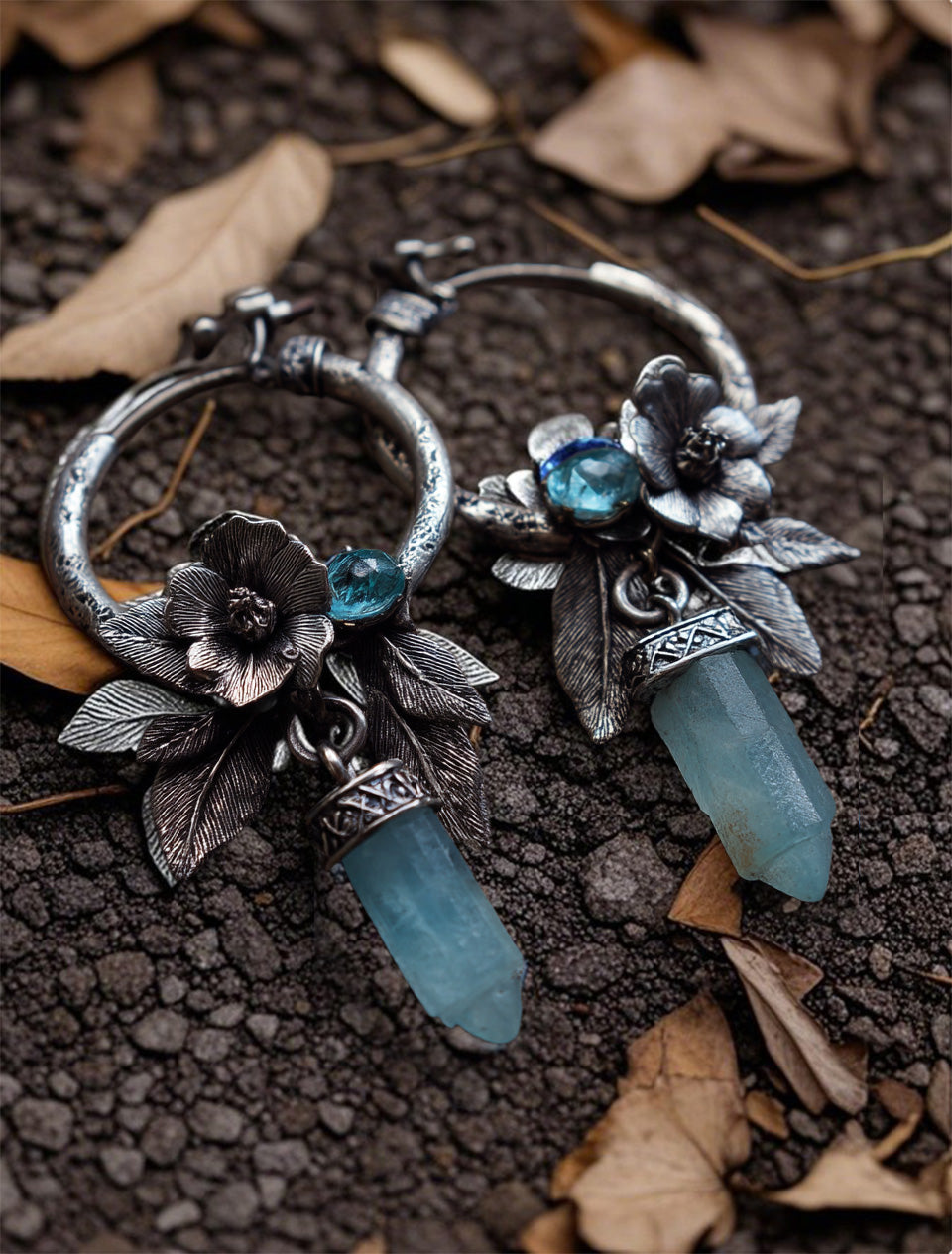Vintage Floral Crystal Dangle Earrings – Antique Silver Hoop Earrings with Blue Quartz Point and Leaf Detail