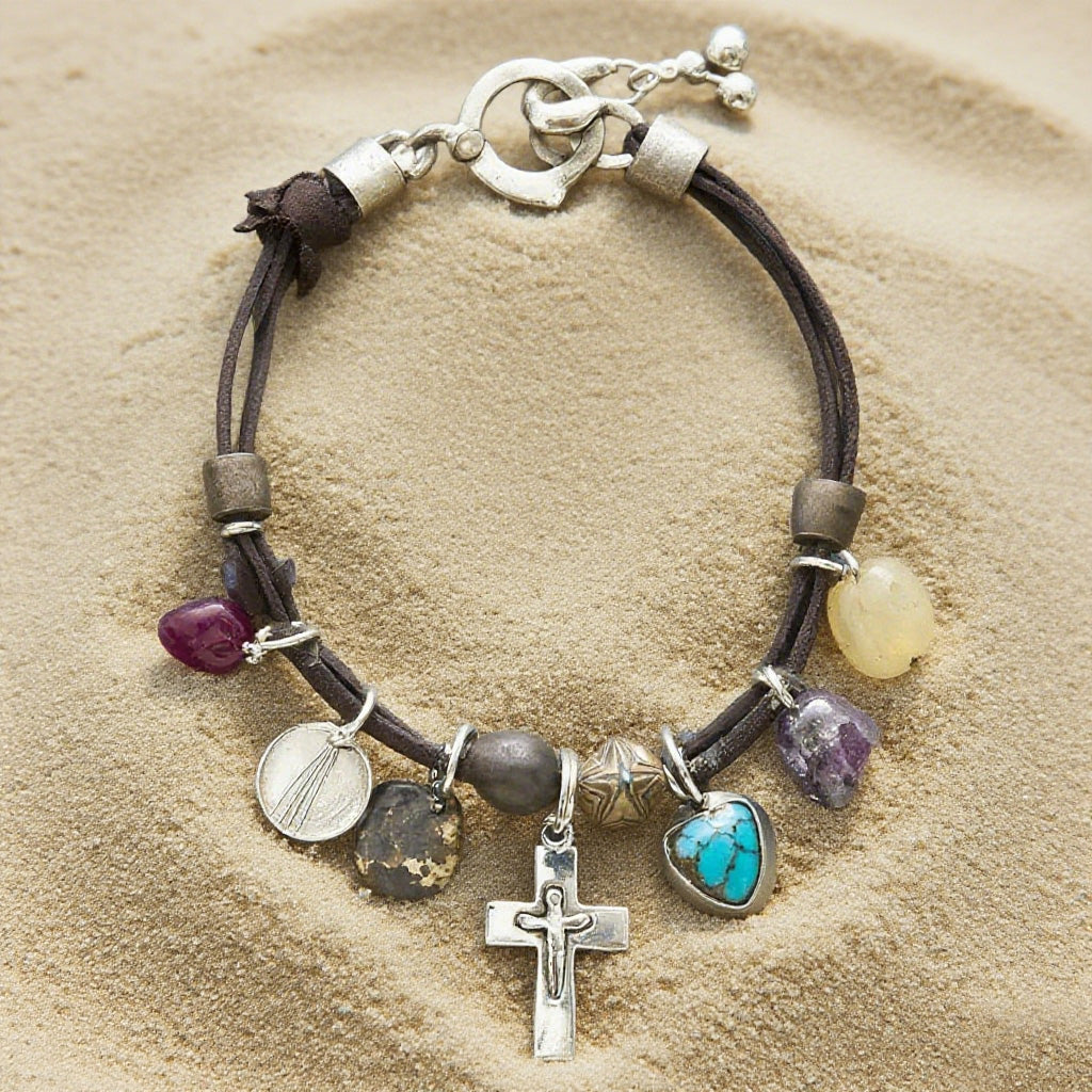 Boho Leather Charm Bracelet – Natural Stone Beads with Cross Pendant & Spiritual Charms