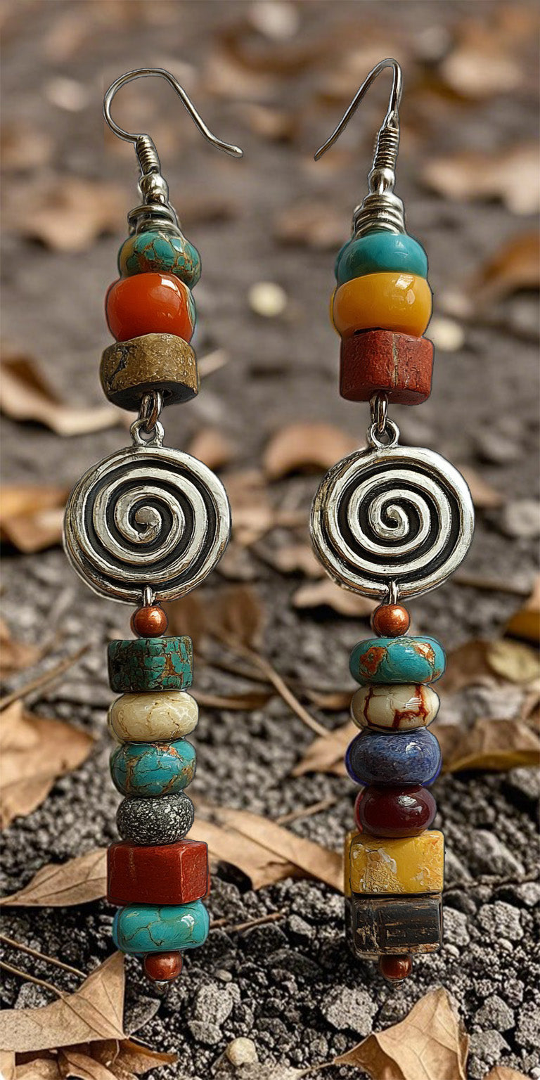 Bohemian Tribal Spiral Earrings – Colorful Stacked Beads & Antique Silver Swirl Design