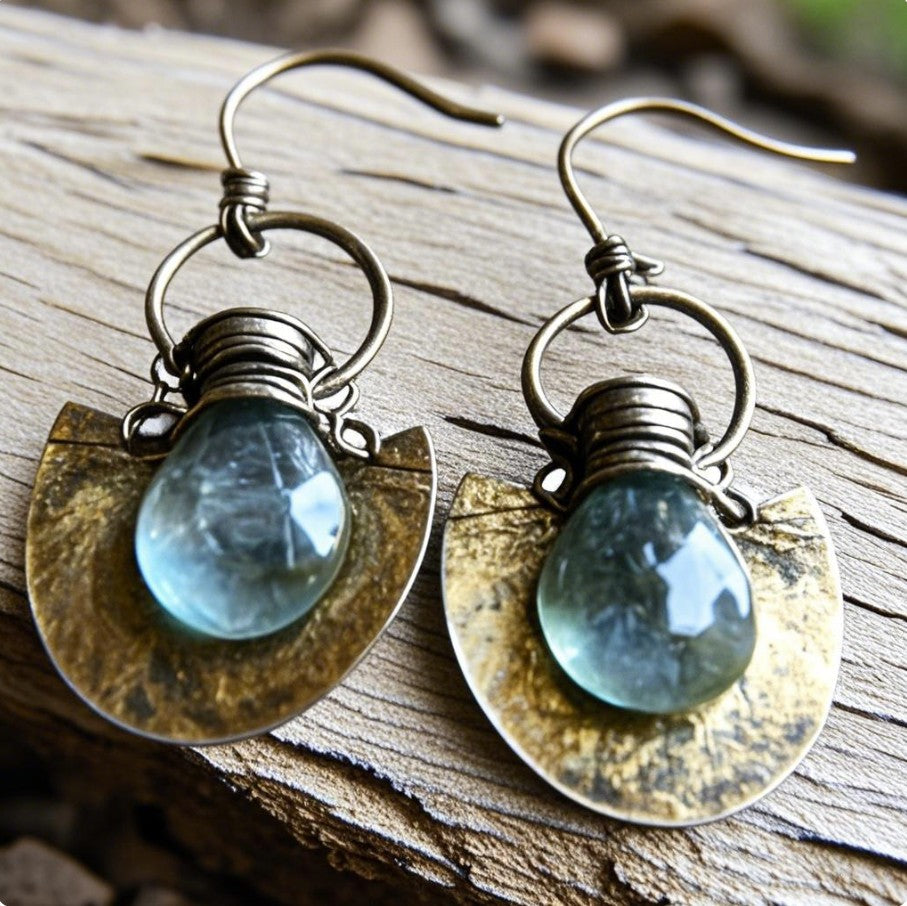 Vintage Boho Drop Earrings – Faceted Blue Crystal with Hammered Brass Fan Charms