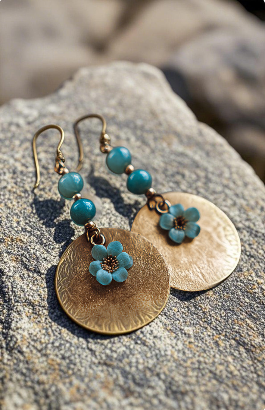 Golden Disc Dangle Earrings with Blue Beads and Flower Charm