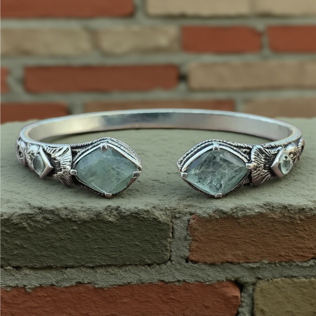 Vintage Boho Cuff Bracelet with Raw Green Fluorite Stones – Handcrafted Open Bangle for Women