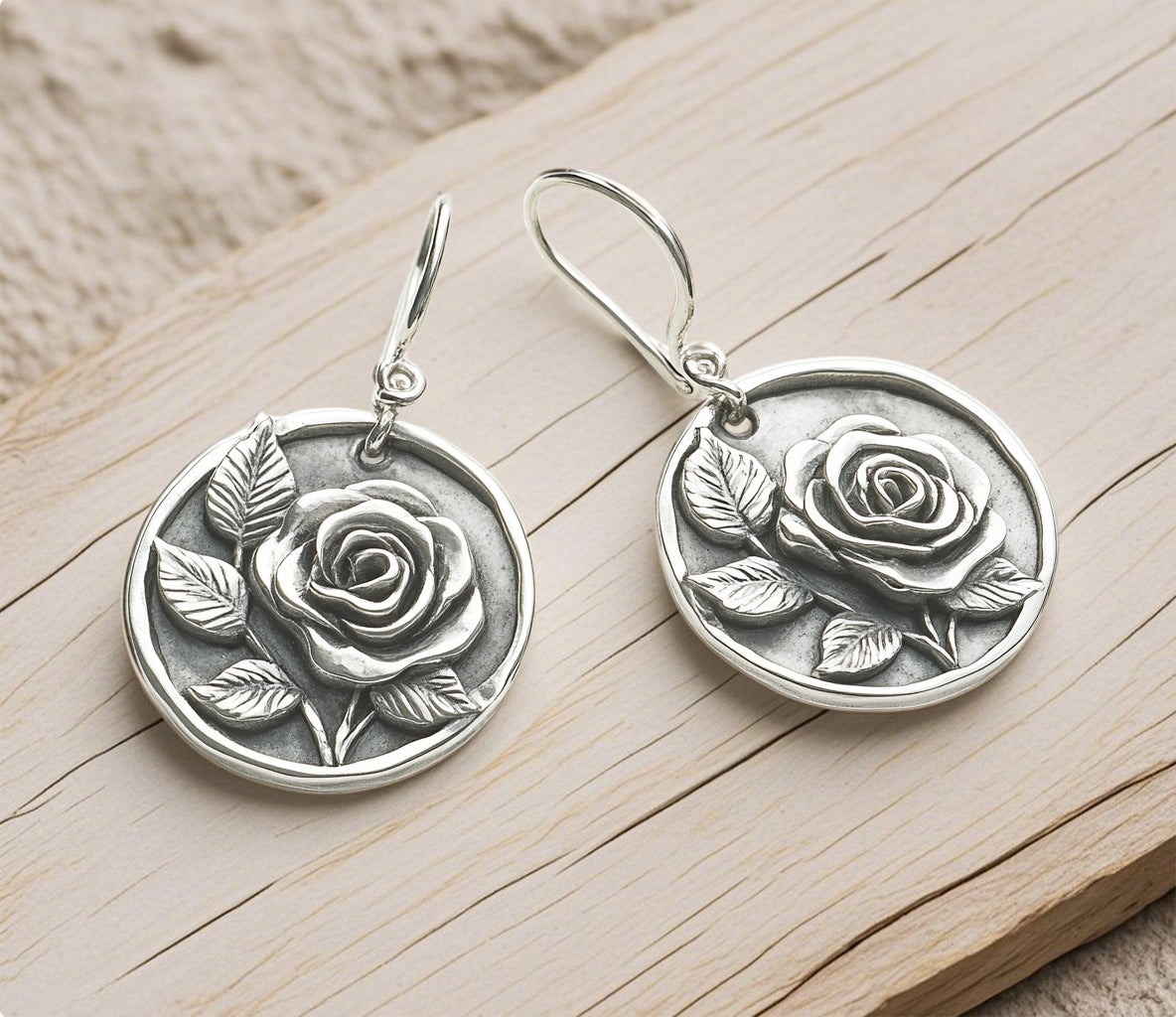 Vintage Rose Medallion Earrings – Antique Silver Floral Drop Earrings