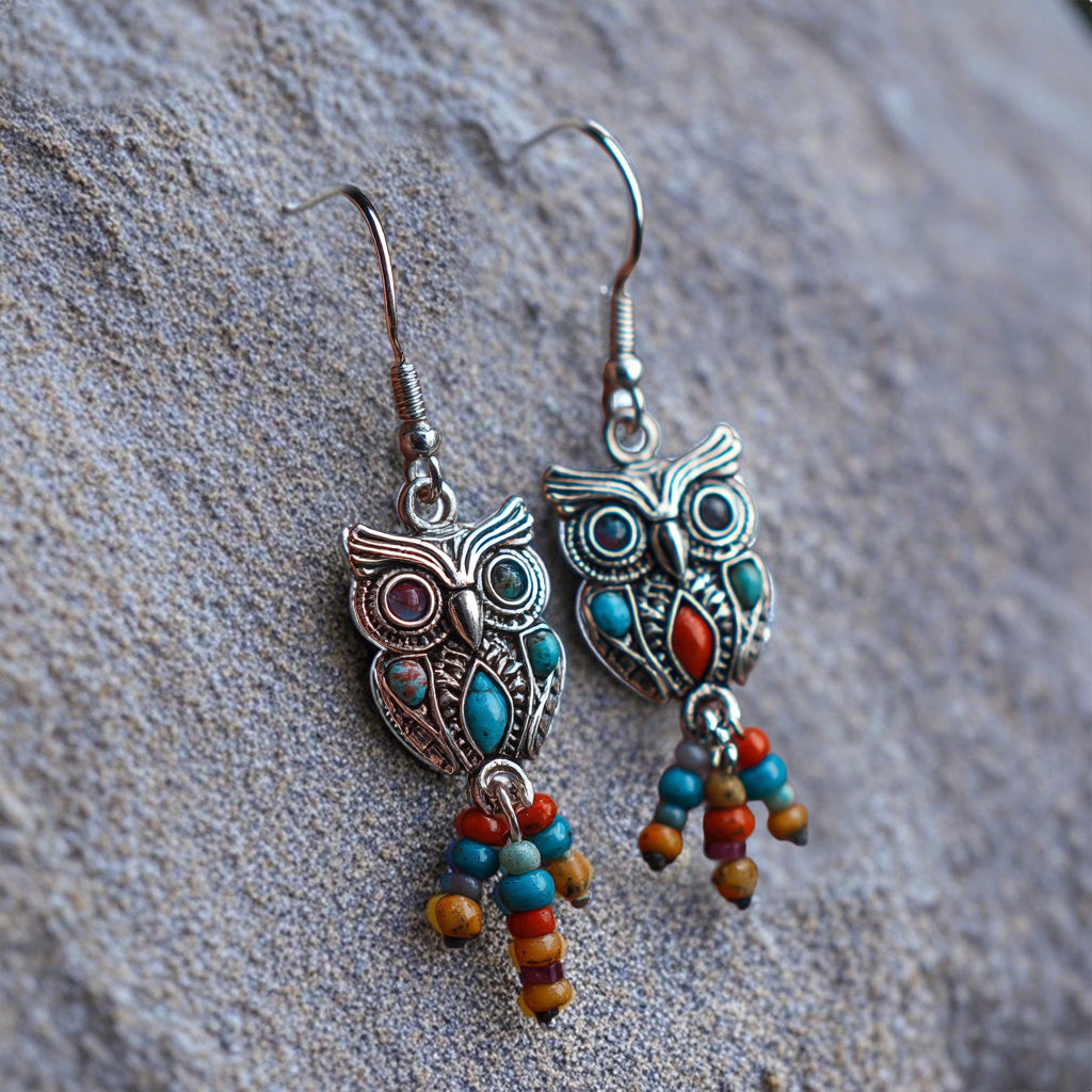Boho Owl Dangle Earrings with Colorful Beaded Tassels