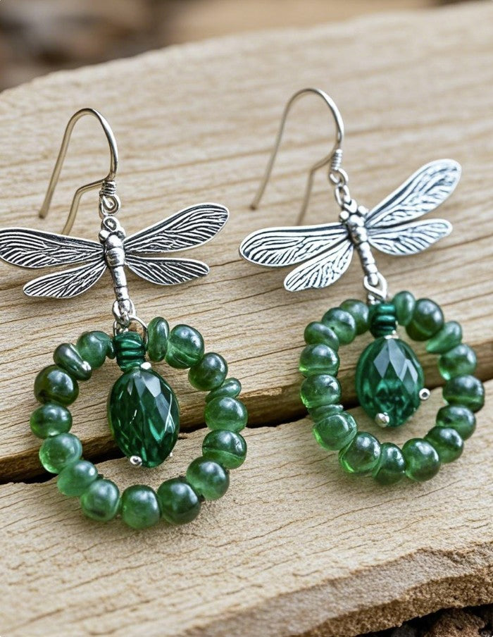 Nature-Inspired Dragonfly & Green Bead Drop Earrings