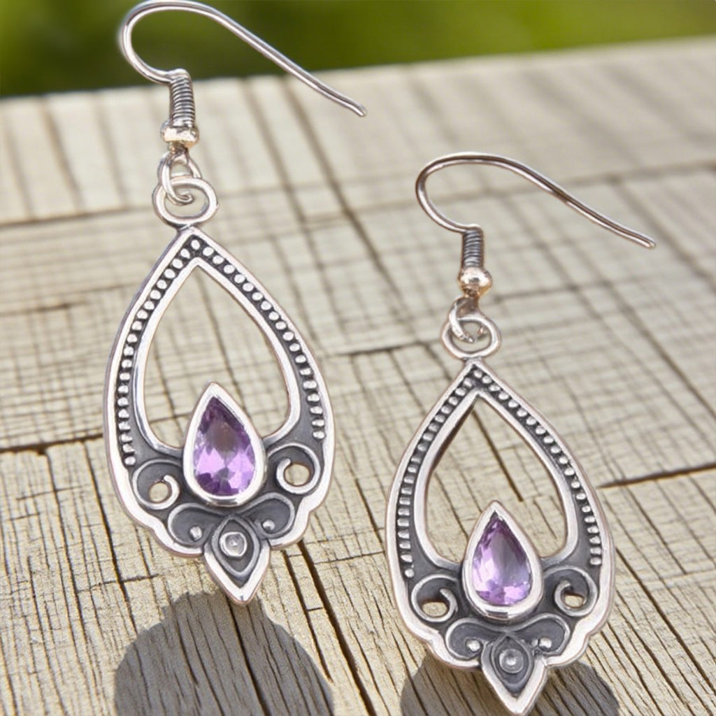 Vintage Teardrop Amethyst Earrings – Boho Filigree Drop Design in Antique Silver