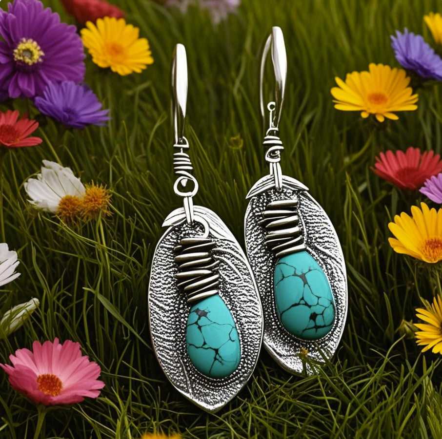 Turquoise and Silver Spiral Drop Earrings