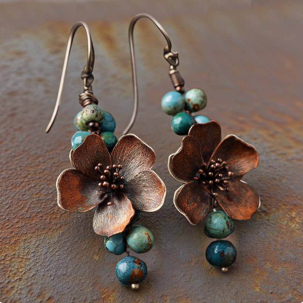 Rustic Copper Flower Earrings with Turquoise Bead Accents