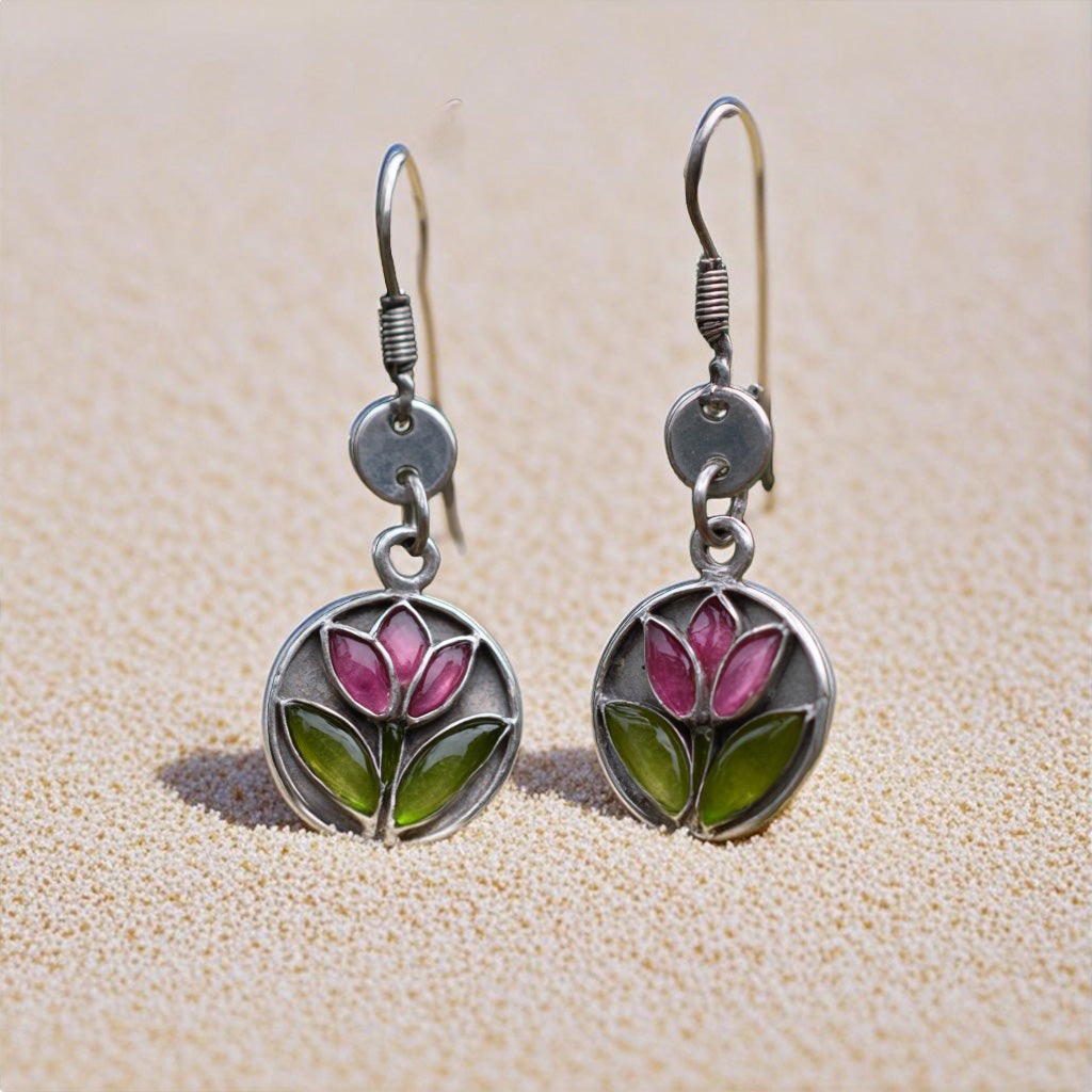 Stained Glass Flower Earrings – Pink & Green Enamel Floral Dangles in Silver Frame