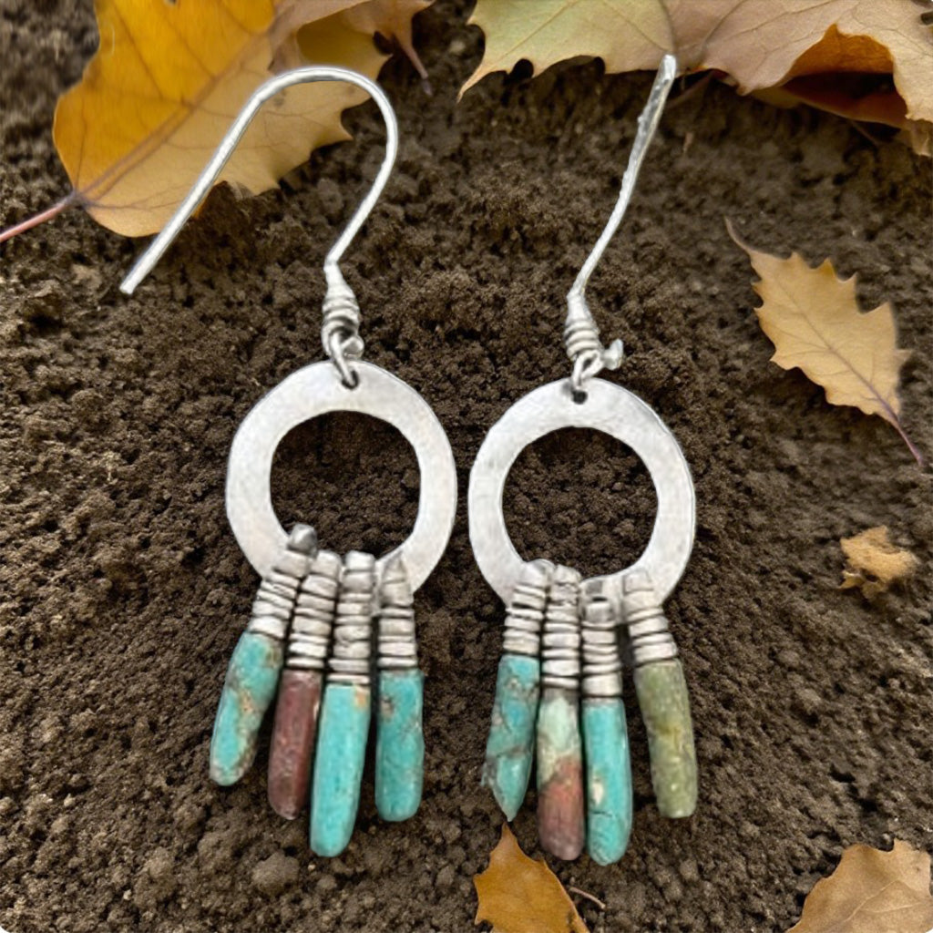 Handcrafted Rustic Hoop Earrings with Turquoise Stick Beads – Bohemian Tribal Style
