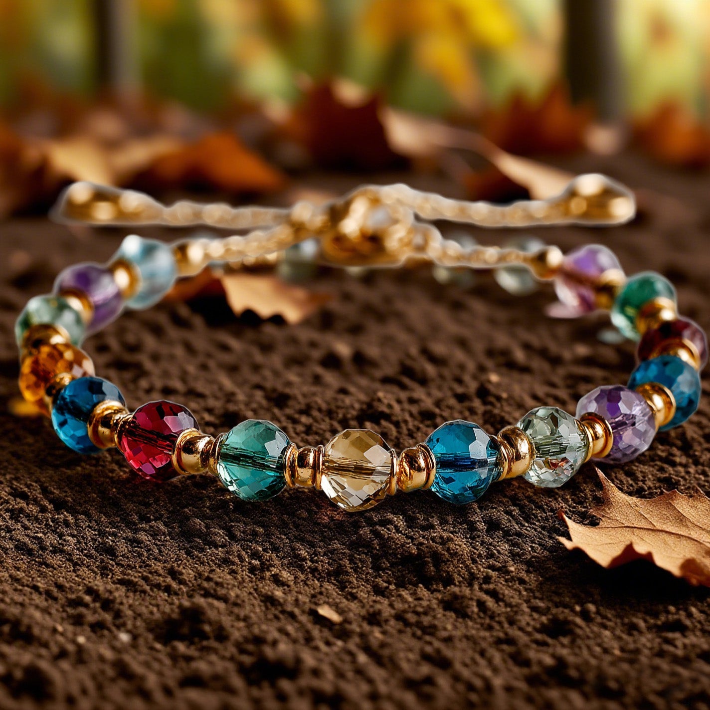 Multicolor Crystal Beaded Bracelet – Adjustable Gold-Tone Boho Chic Jewelry