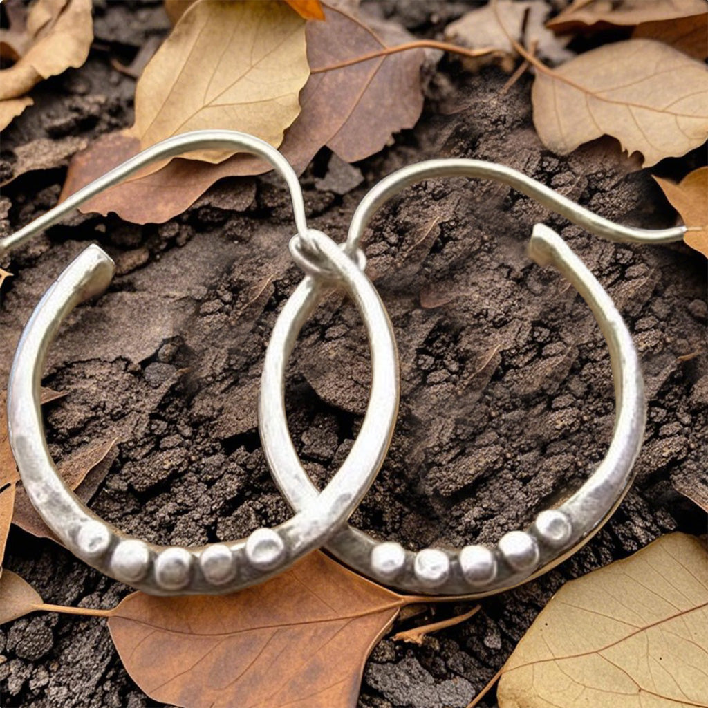 Minimalist  Silver Drop Earrings – Handcrafted Organic Oval Hoops with Dot Detail