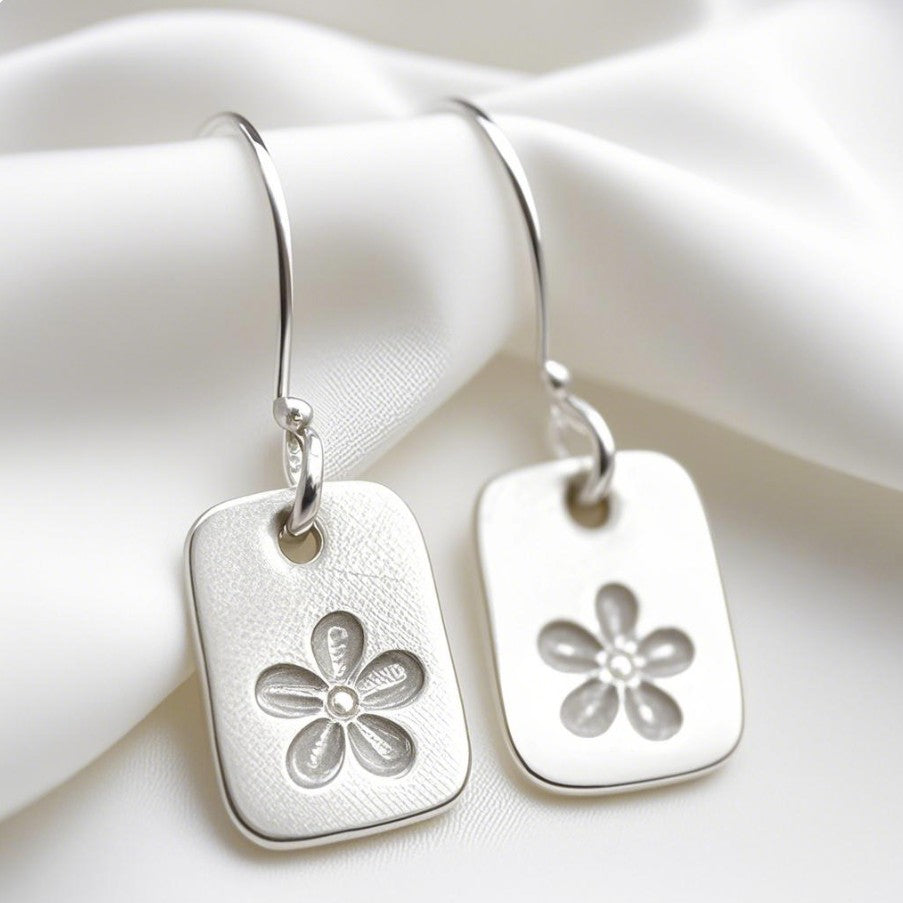 Minimalist Floral Drop Earrings – Hammered Silver with Engraved Flower Design