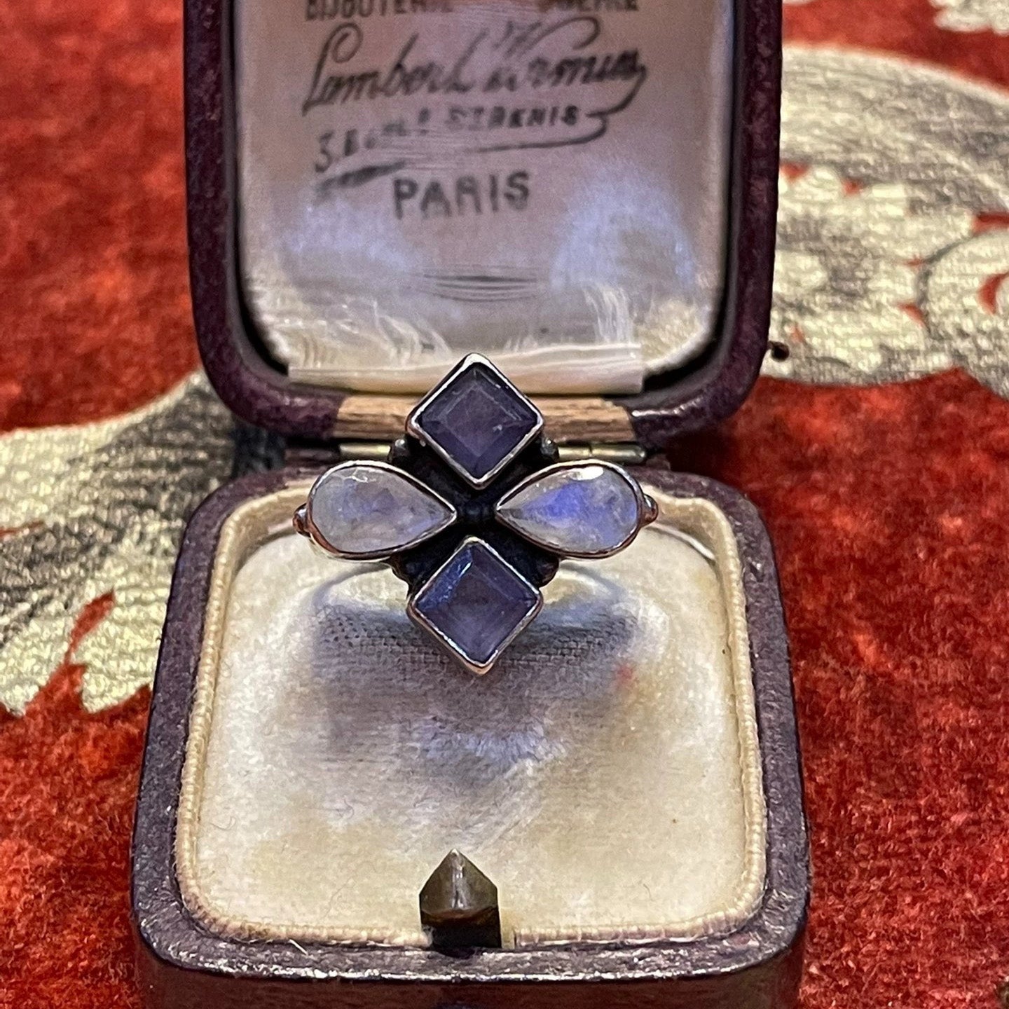 Vintage Moonstone & Amethyst Floral Ring – Sterling Silver Gothic Revival Statement Jewelry