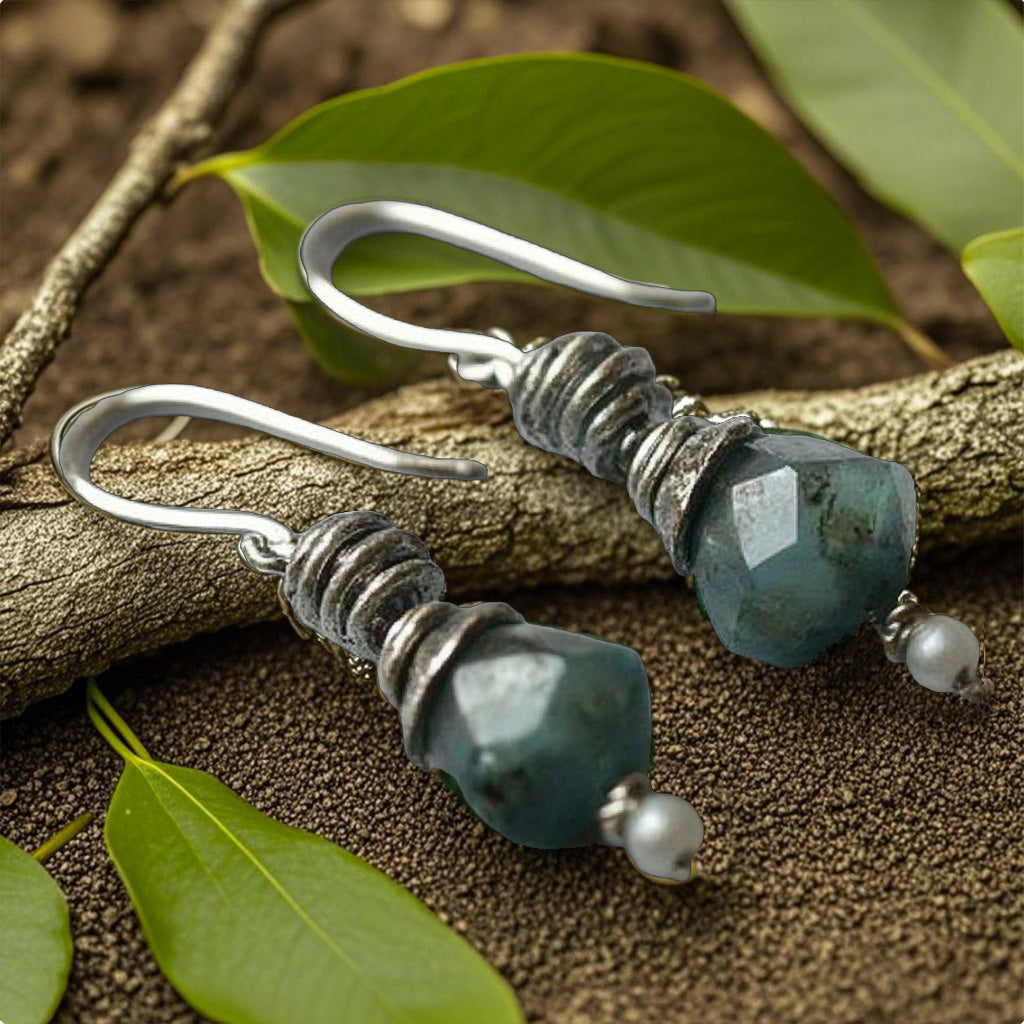 Boho Ocean-Inspired Drop Earrings – Raw Green Gemstone with Antique Silver Accents