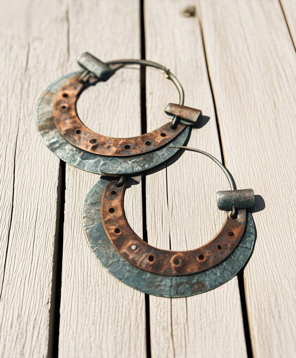 Vintage Double-Layer Hammered Metal Hoop Earrings
