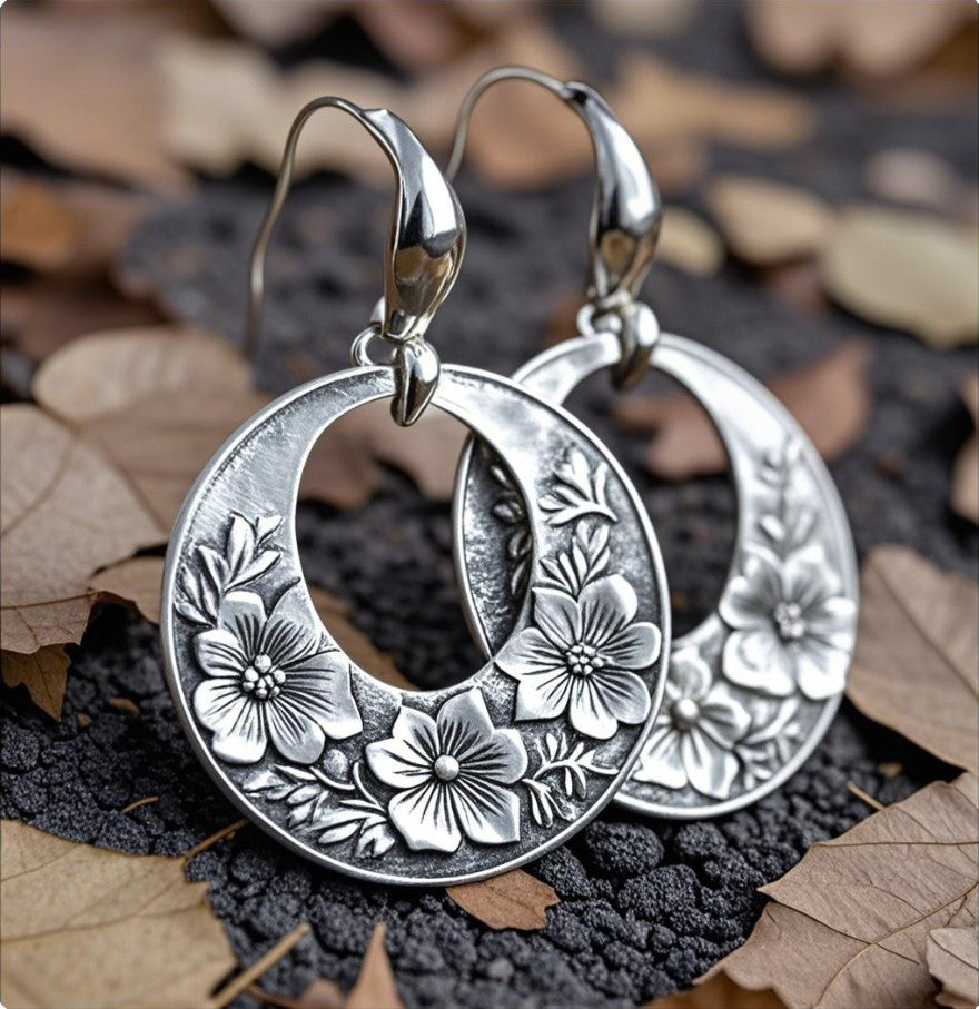 Floral Engraved Silver Crescent Hoop Earrings