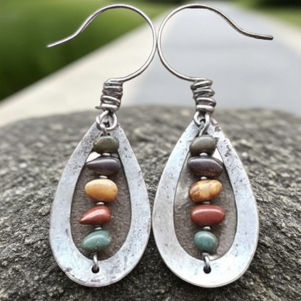 Boho Teardrop Metal Earrings with Multicolor Stone Beads