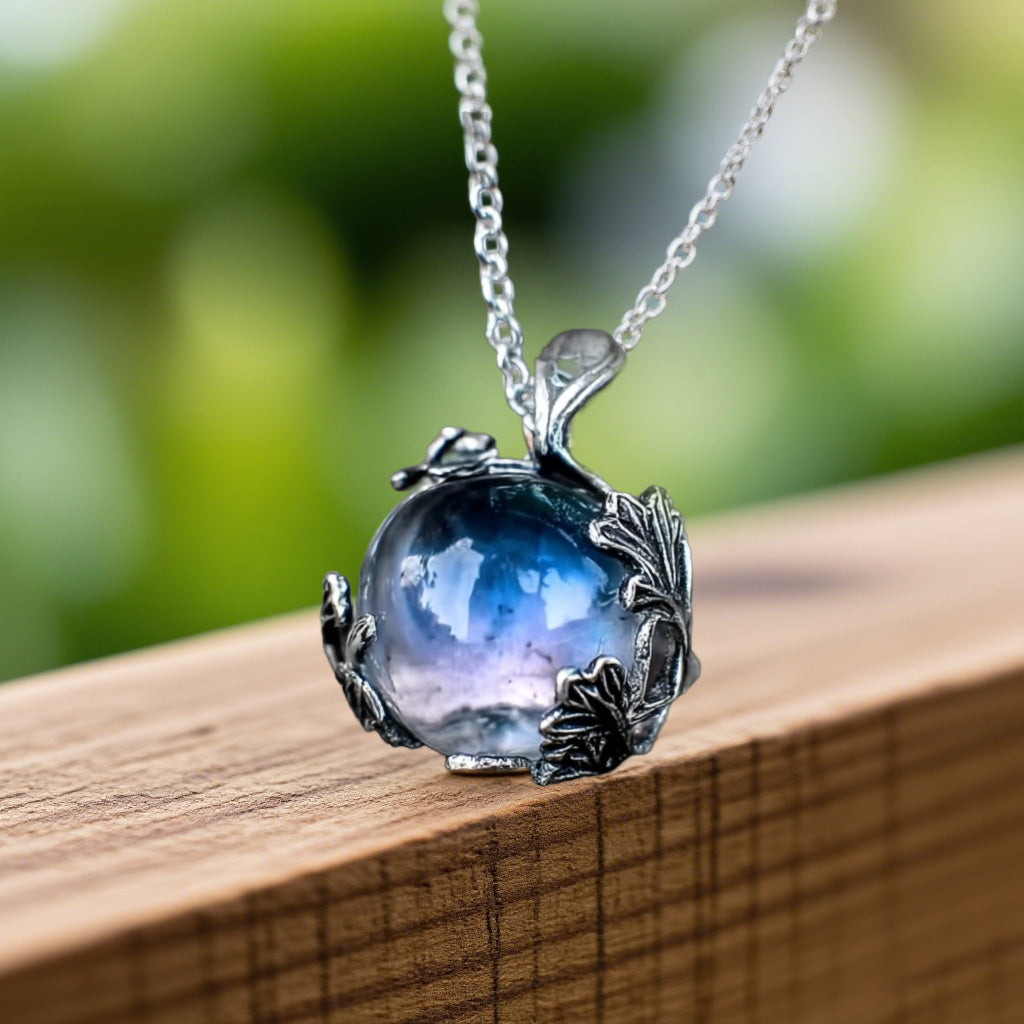 Vintage Leaf Wrapped Galaxy Glass Orb Pendant Necklace for Women – Handmade Silver-Tone Chain Jewelry