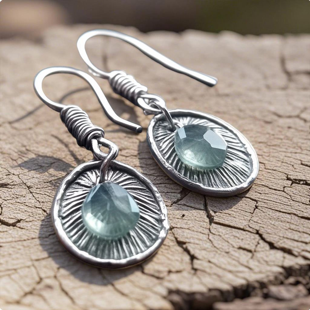 Handcrafted  Silver Drop Earrings – Faceted Aqua Gem with Sunburst Texture