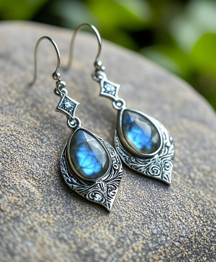 Mystic Blue Teardrop Earrings with Ornate Vintage Filigree