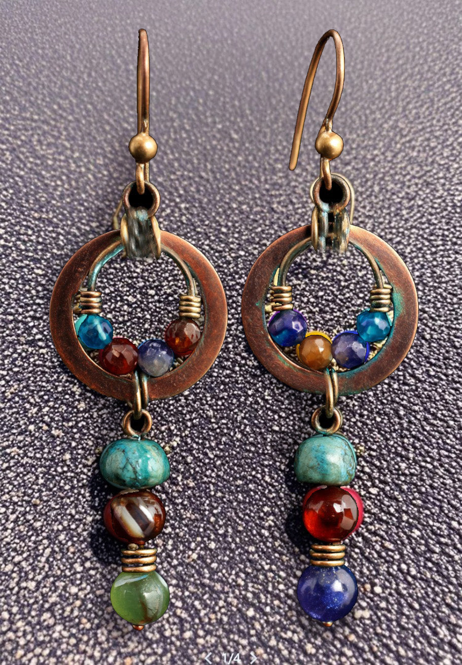 Boho Multicolor Gemstone Dangle Earrings – Vintage Bronze Hoop Earrings with Natural Stone Beads