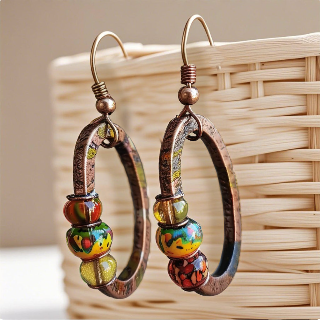 Handcrafted Boho Hoop Earrings – Rustic Copper with Colorful Art Glass Beads