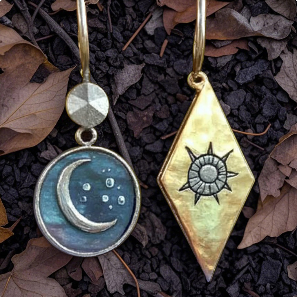 Sun & Moon Mismatched Earrings – Celestial Mixed Metal Dangles with Night and Day Design