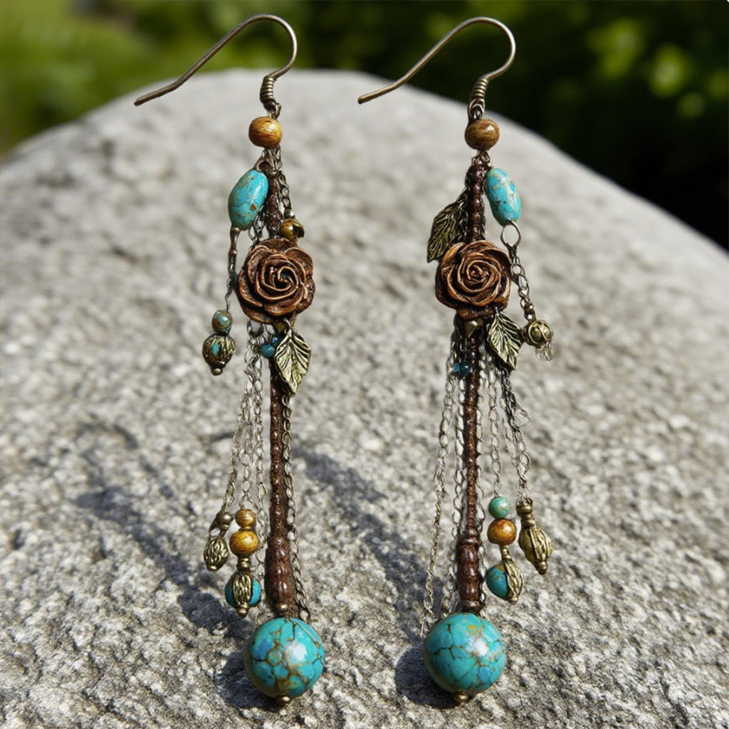 Boho Turquoise Earrings – Rose & Bead Dangle Vintage Floral Long Drop Design