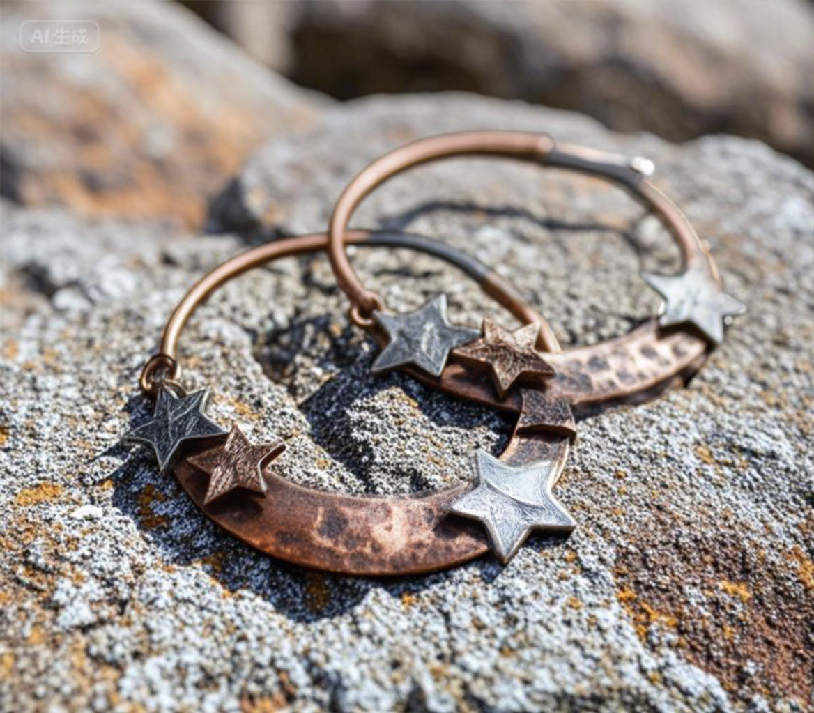 Rustic Hammered Copper Hoop Earrings with Silver Star Accents