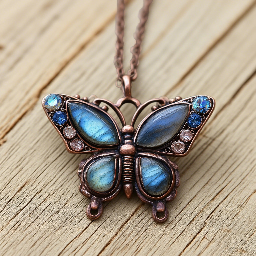 Vintage Blue Labradorite Butterfly Necklace – Handmade Boho Pendant with Crystals and Copper-Tone Finish