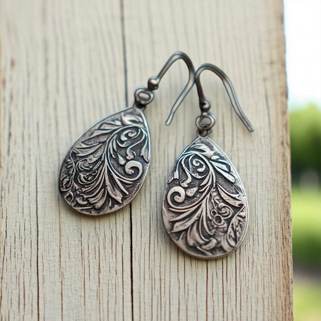 Vintage Teardrop Earrings – Antique Floral Engraved Dangle Design