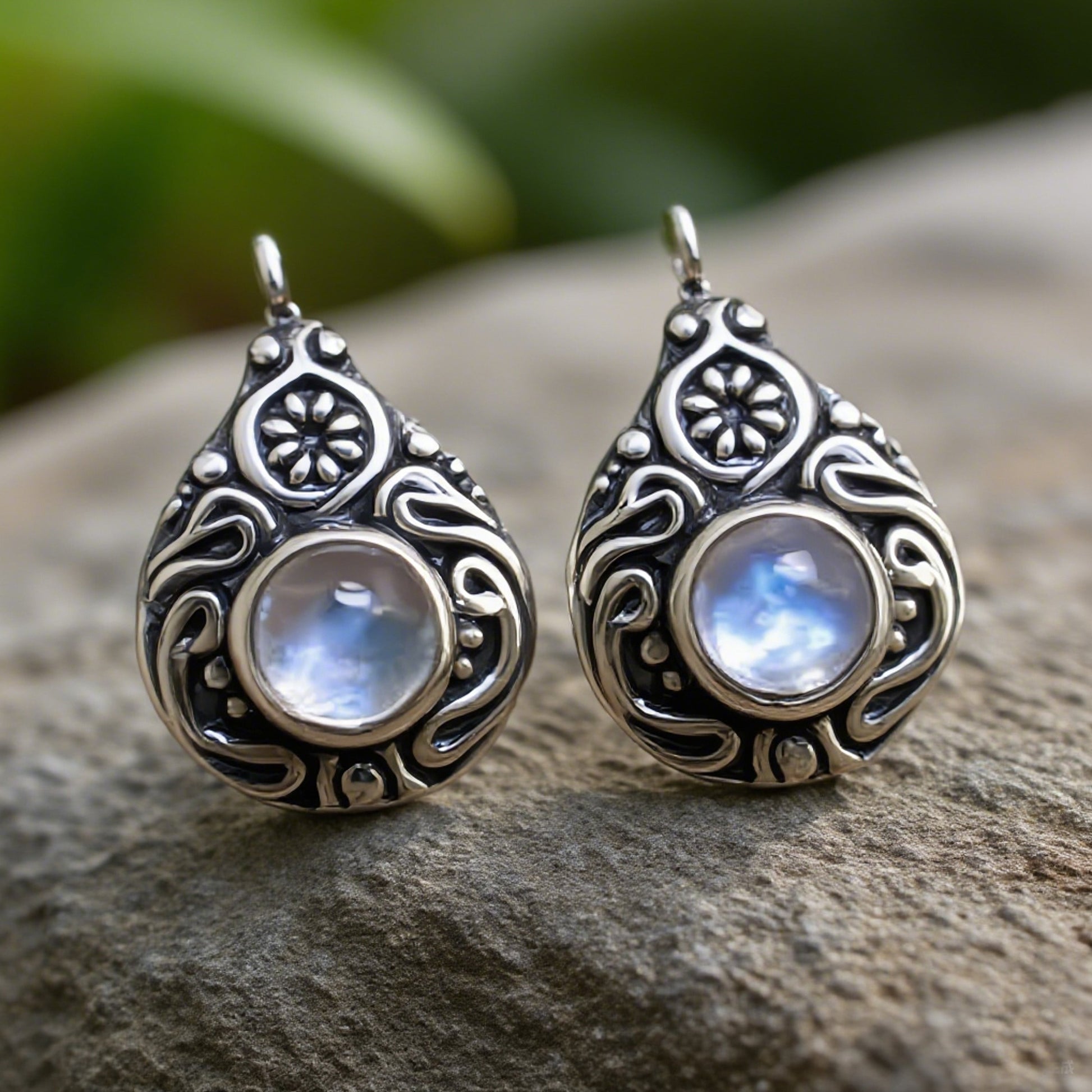 Sterling Silver Moonstone Drop Earrings with Intricate Floral Design