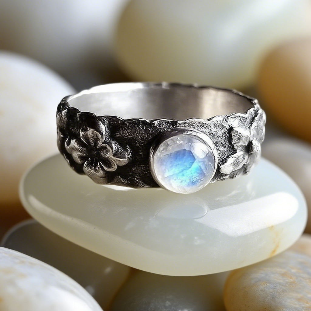 Vintage Floral Moonstone Ring – Handmade Boho Sterling Silver-Tone Band for Women