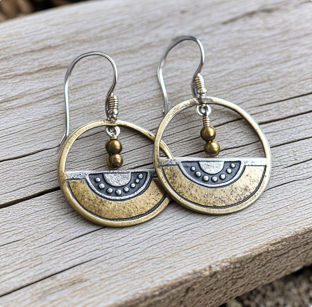 Boho Tribal Circle Earrings – Mixed Metal Geometric Dangle Earrings with Brass Beads
